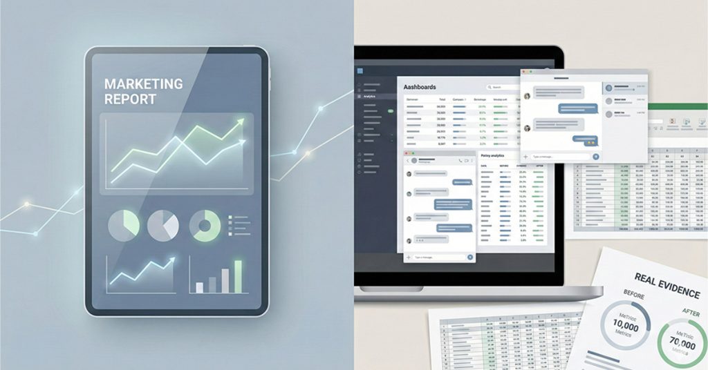 Comparison table showing differences between traditional case studies and proof based marketing, highlighting polished claims versus raw evidence, failures and fixes, and higher buyer trust.